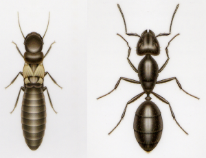 Notice the distinct body shape differences between the termite (left) and ant (right).